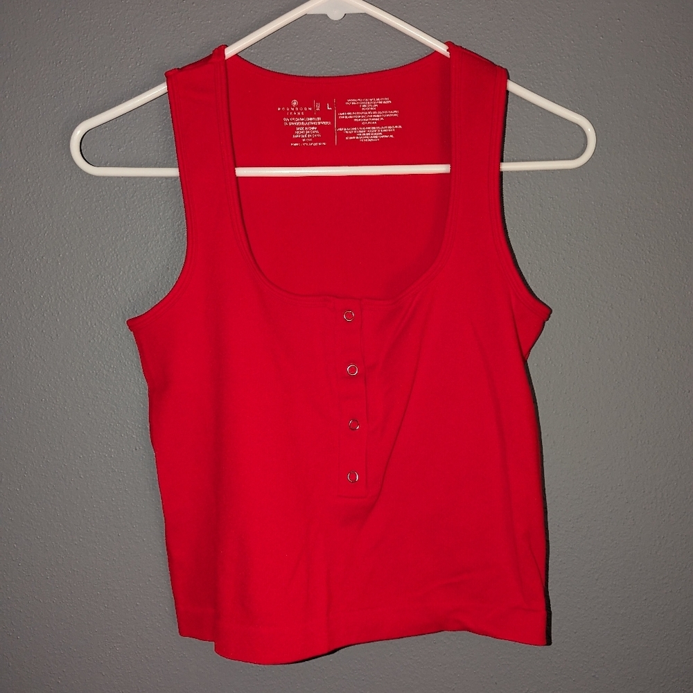 Boom Boom Jeans Red Ribbed Razor Back Tank Top Size Large. Cropped.